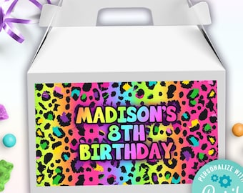 neon rainbow leopard print favor box labels template | leopard party animal birthday treat box labels | printable thank you labels gable box