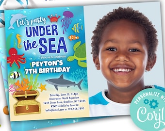 under the sea theme birthday party invitation with a photo | ocean aquarium birthday invite editable template | underwater animals party