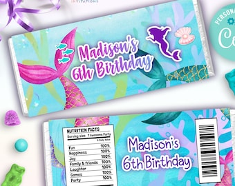 Plantilla editable de envoltorios de barra de chocolate para fiesta de sirena / Lindos envoltorios de barra de chocolate con colas de sirena bajo el mar para fiesta de cumpleaños de niñas