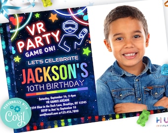 VR party invitation template with space for a photo | rainbow glow augmented reality vr games invite for boys & girls | you edit yourself