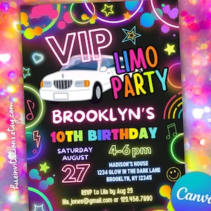 VIP limousine birthday invitation for girls editable with Canva | colorful limo party invites for print, text and email