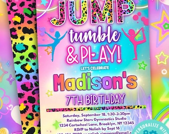 May include: A vibrant invitation template with a neon color scheme. The design features the text "JUMP tumble & PLAY!" and "Madison's 7th Birthday." Additional text includes event details and the Etsy shop URL. The design includes a leopard print.