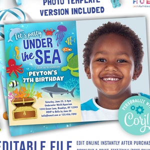 under the sea theme birthday party invitation with a photo | ocean aquarium birthday invite editable template | underwater animals party