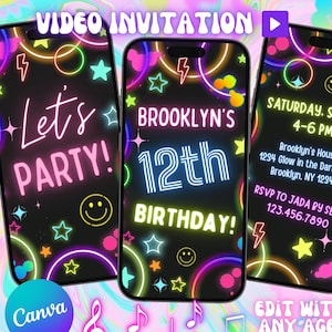 VIDEO-uitnodiging voor 12e verjaardag voor meisjes, bewerkbaar met Canva | feestuitnodiging in neonkleuren met animatie en muziek | sms'en, e-mailen, online posten