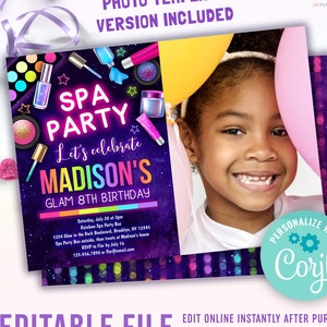 editable spa party invitation template for girls with a photo | rainbow glam makeup & nails spa day birthday party bus invite for kids