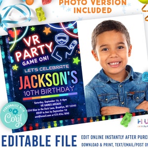 VR party invitation template with space for a photo | rainbow glow augmented reality vr games invite for boys & girls | you edit yourself