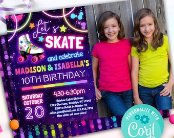 twins skate party invitation | siblings glow roller skate birthday invitation | neon roller skating invitation template for sisters two kids