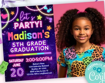 5th grade graduation party invitation with a photo | neon rainbow end of the school year celebration stepping up party invitation