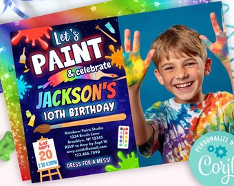 meninos pintam convite de festas com uma foto | pintura do arco-íris & comemore o convite do aniversário | modelo editável de convite de festa de pintura para menino