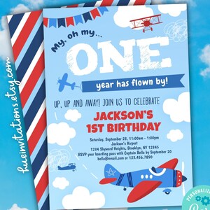 airplane 1st birthday invitation EDITABLE TEMPLATE | boy plane party 1st birthday invitation | red white blue | oh my one year has flown by