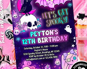 pink Halloween birthday party invitation | creepy cute spooky birthday invitation | spooky retro teen girls birthday invite template