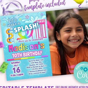 water park party invitation template with a photo | let&#39;s make a splash girls waterpark birthday invite | waterslide birthday invitation