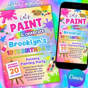 Inbjudningsmall för keramikmålning, redigerbar med Canva | Rainbow Pottery Studio födelsedagsfestinbjudan för utskrift, text och e-post