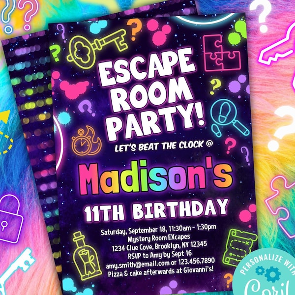 escape room birthday party invitation editable template | kids mystery escape game invitation for girls & boys | bright neon rainbow colors
