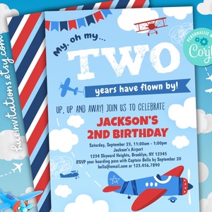 airplane 2nd birthday invitation | boys plane party TWO invitation | red white blue colors airplane theme invite editable template