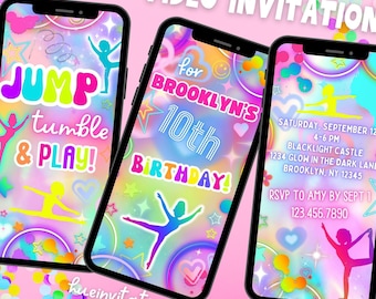 May include: A digital video invitation for a 10th birthday party with a gymnastics theme. The invitation features a colorful background with stars, hearts, and circles. The text "JUMP, tumble & PLAY!" is in a bright, playful font. The invitation also includes the text "for BROOKLYN'S 10th BIRTHDAY!" and details about the party, including the date, time, location, and RSVP information.