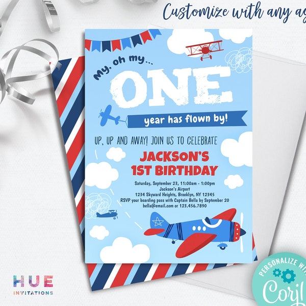 airplane 1st birthday invitation EDITABLE TEMPLATE |  boy plane party 1st birthday invitation | red white blue | oh my one year has flown by