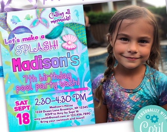 May include: A mermaid-themed birthday party invitation featuring a photo of a young girl. The invitation is blue and green with a pink and purple splash of colour. It reads "Let's make a splash! Madison's 7th birthday pool party bash!" with the date and time of the party. The invitation also includes the address and RSVP information.
