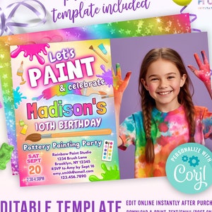 rainbow pottery painting invitation for girls with a photo | pottery painting birthday party invite | paint & celebrate