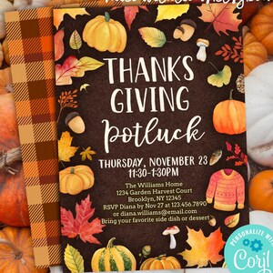 May include: Thanksgiving potluck invitation with pumpkins, leaves, and acorns. The invitation includes the text "Thanksgiving Potluck" and event details. The design features a brown background with watercolor illustrations and a plaid pattern.