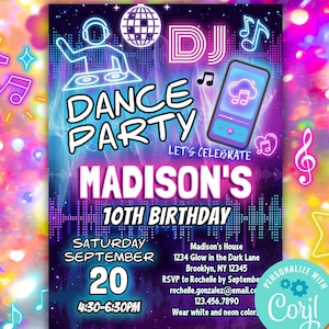 girls DJ dance party birthday invitation editable template | pink purple blue glow in the dark music app theme party invitation for kids