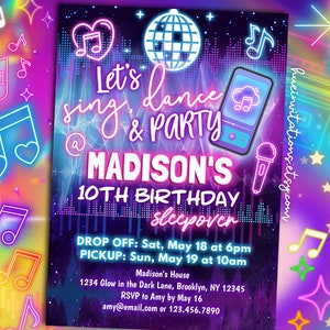 music sleepover birthday party invitation editable template | let&#39;s sing & dance birthday slumber party invite | girls social media party