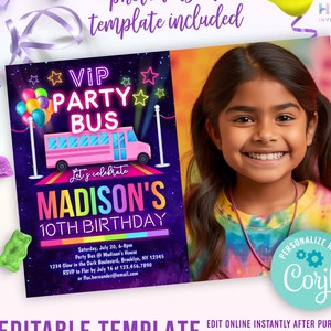 girls party bus invitation with a photo | rainbow & pink VIP party bus birthday invitation | mobile spa or mobile gym party truck invite