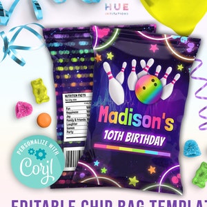 May include: Editable chip bag template for a 10th birthday party with a bowling theme. The bag is purple with neon green and pink accents and features a bowling ball and pins. The text "Madison's 10th Birthday" is printed on the bag.
