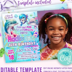 dolphin birthday invitation with a photo | under the sea dolphins birthday party invite | girls tropical ocean birthday editable template