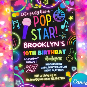 Puede incluir: Invitación de fiesta de cumpleaños en neón rosa, azul, verde y amarillo con fondo negro. La invitación dice "Let's party like a POP STAR!" con un micrófono, notas musicales y una bola de discoteca. También dice "Brooklyn's 10th Birthday" con la fecha y la hora de la fiesta. La invitación dice "RSVP to Lila by Aug 23 lila.jones@gmail.com or 123.456.7890".