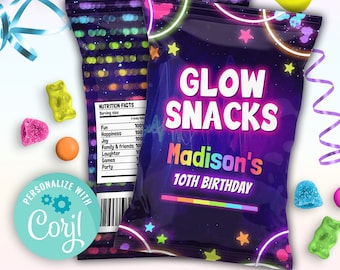 glow party chip bag labels editable template | girls rainbow glow snacks chip bag template for party favors