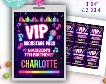 pop star birthday VIP backstage pass printable template for lanyards | girls rainbow glow music party VIP badge for guests