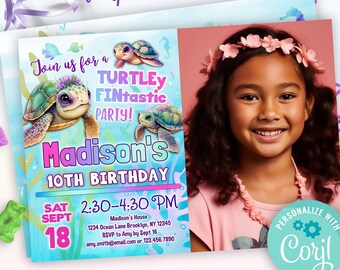 May include: A blue and green birthday invitation with a photo of a young girl. The invitation features a turtle theme with the text "Join us for a Turtley Fintastic Party!" and "Madison's 10th Birthday". The invitation also includes the date and time of the party, as well as the address and RSVP information.