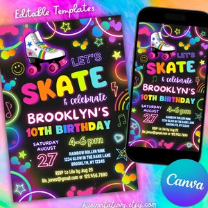 invito per festa di compleanno con pattinaggio al neon e festeggiamenti modificabile con Canva / inviti per pattinaggio a rotelle fluorescenti per stampa, testo ed e-mail