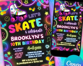 May include: Neon pink, blue, and green birthday party invitation with a black background. The invitation features a roller skate with rainbow laces and the text "Let's Skate & celebrate Brooklyn's 10th Birthday".