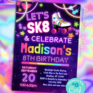 skate & celebrate birthday party invitation | glow roller skating 8th birthday invites | neon disco skate party editable template
