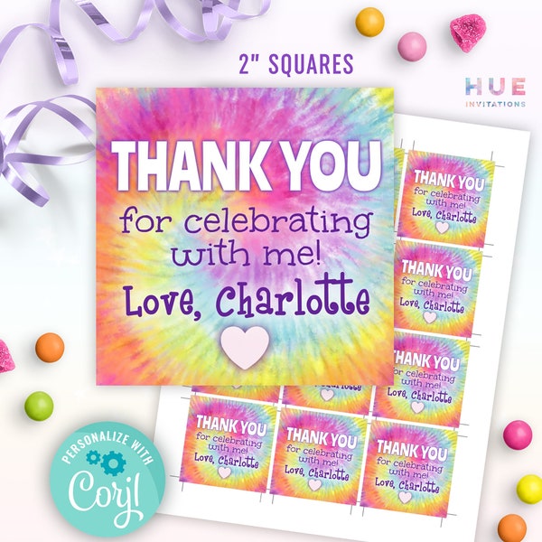 rainbow tie dye party favor tags instant download | girls tie dye birthday thank you tag editable templates | instant download