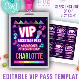 pop star birthday VIP backstage pass printable template for lanyards | girls rainbow glow music party VIP badge for guests