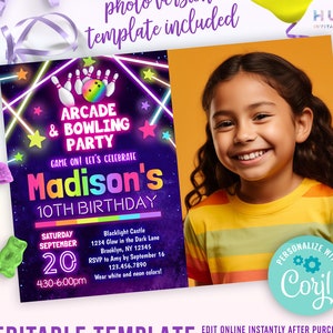 May include: A purple and black birthday invitation with neon green and pink accents. The invitation features a bowling alley with bowling pins and a ball. The text on the invitation reads "Arcade & Bowling Party" and "Madison's 10th Birthday".
