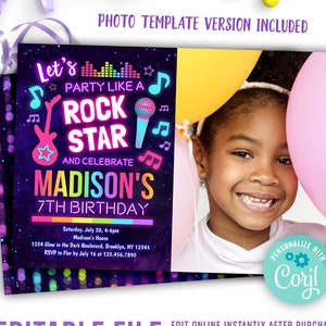 girls rock and roll party birthday invitation with a photo | editable rainbow rock star music theme party invitation template