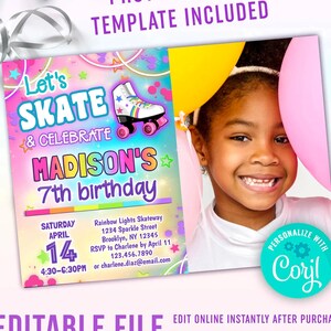 rainbow skate party birthday invitation with a photo | girls roller skating invite editable template with space for picture | bright colors