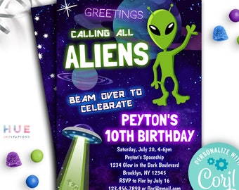 ufo alien birthday party invitation instant download | outer space spaceship theme greetings aliens out of this world invite | boy or girl