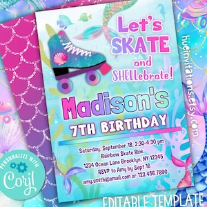 mermaid roller skate birthday party invitation editable template | under the sea mermaids theme skating party invite | skate & SHELLebrate