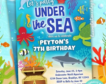 under the sea birthday invitation editable Corjl template | underwater ocean animals theme aquarium birthday party invite for boys & girls