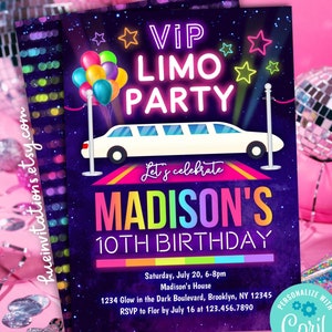 white limo party invitation for kids | rainbow VIP limousine birthday party invitation editable template