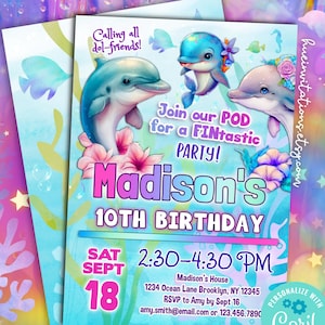 cute dolphin birthday party invitation | under the sea Hawaiian dolphins birthday invite | girls tropical ocean birthday editable template