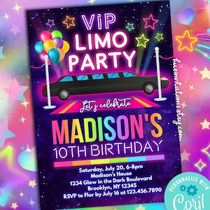 rainbow limo party invitations | VIP limousine birthday party invitation for kids | Corjl editable template