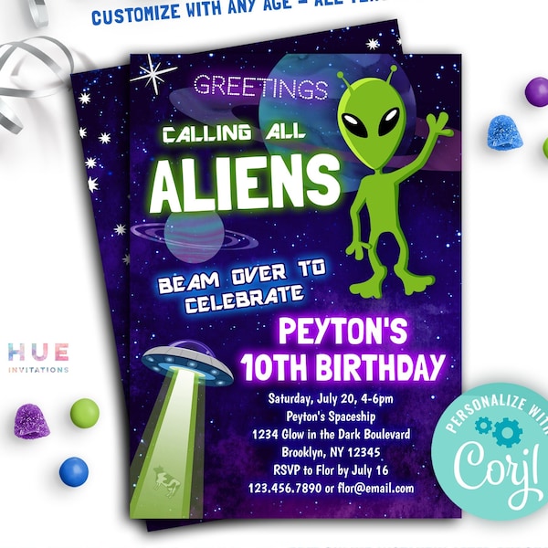 ufo alien birthday party invitation instant download | outer space spaceship theme greetings aliens out of this world invite | boy or girl