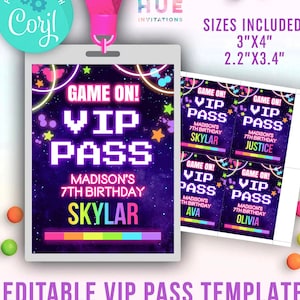 girls arcade party VIP pass printable template for lanyards | game on rainbow glow arcade birthday VIP badge for guests | editable templates