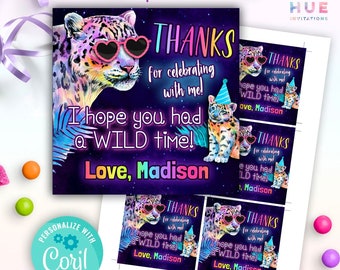 rainbow wild leopard birthday party favor tags editable template | girls party animals birthday thank you tag printable templates